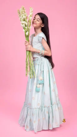 Discount Embellished Embroidered Blue Top And Brocade Lehenga Ethnic Wear | Lehengas & Ghagras
