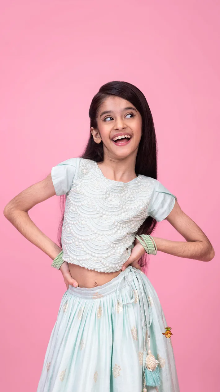 Discount Embellished Embroidered Blue Top And Brocade Lehenga Ethnic Wear | Lehengas & Ghagras
