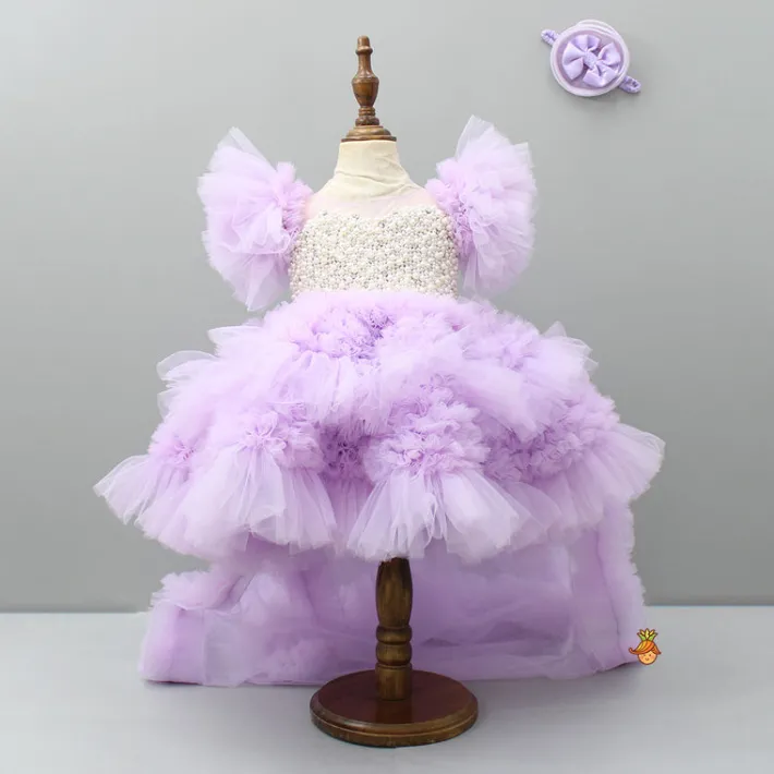 Best Embellished Layered Lilac Dress With Detachable Trail And Bow With Swirled Bowie Headband Dresses & Sets | Dresses