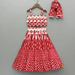 Sale Embellished Printed Strappy Red Top And Lehenga With Matching Dupatta Ethnic Wear | Lehengas & Ghagras