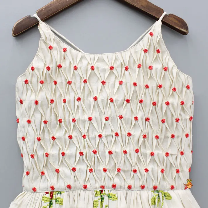 Best Embroidered Beige Kurti With Beads And Smocking Work Ethnic Wear | Kurtis & Jumpsuits