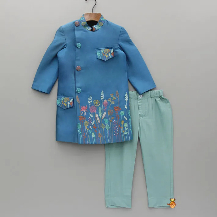 Outlet Embroidered Blue Stylish Sherwani And Pant BOY Indian Ethnic Wear | Sherwani Sets