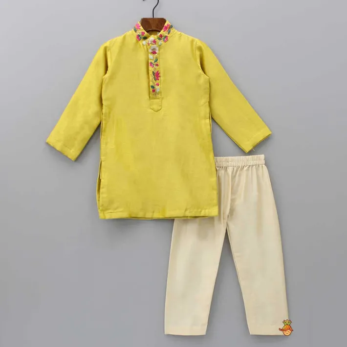 New Embroidered Collar And Front Placket Mustard Kurta With Pyjama BOY Twinning Sets | Indian Ethnic Wear