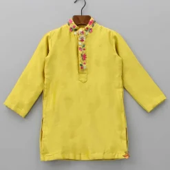 New Embroidered Collar And Front Placket Mustard Kurta With Pyjama BOY Twinning Sets | Indian Ethnic Wear