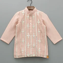 New Embroidered Faux Mirror Work Peach Kurta And Pyjama BOY Indian Ethnic Wear | Ethnic Sets