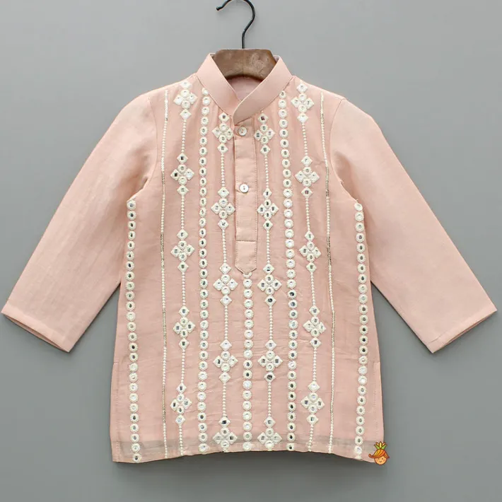 New Embroidered Faux Mirror Work Peach Kurta And Pyjama BOY Indian Ethnic Wear | Ethnic Sets