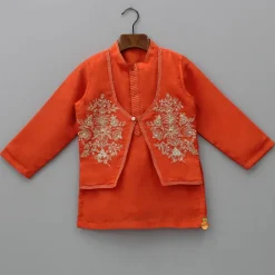 Fashion Embroidered Flap Orange Kurta And Pyjama BOY Twinning Sets | Indian Ethnic Wear