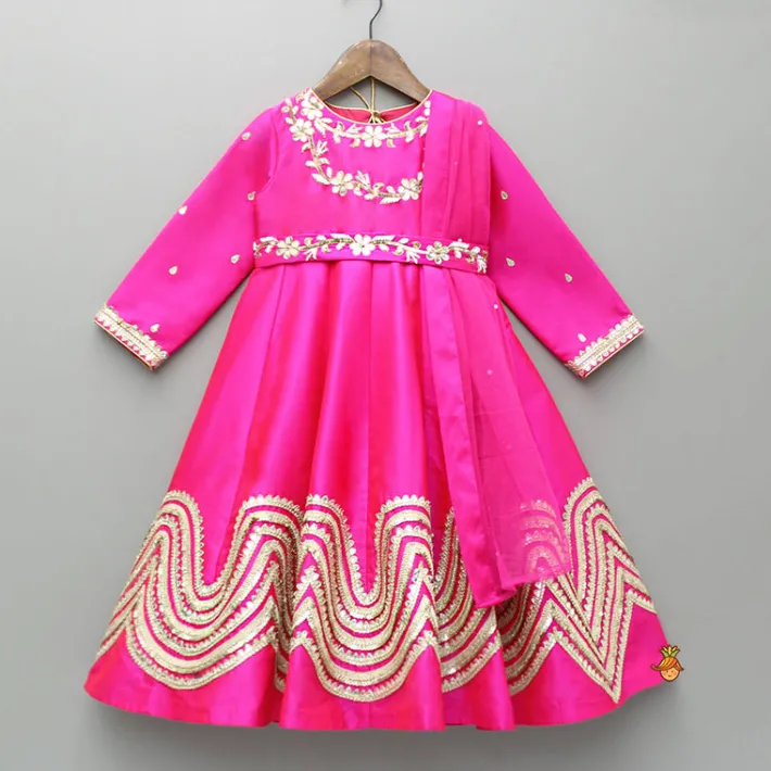 Online Embroidered Gota Lace Work Pink Anarkali With Attached Dupatta Ethnic Wear | Sarees & Anarkalis