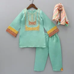 Hot Embroidered Green Kurti And Pant With Striped Multicolour Dupatta Ethnic Wear | Churidars & Salwars