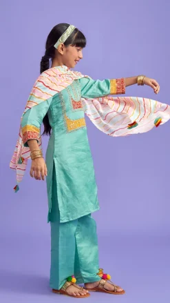 Hot Embroidered Green Kurti And Pant With Striped Multicolour Dupatta Ethnic Wear | Churidars & Salwars