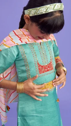 Hot Embroidered Green Kurti And Pant With Striped Multicolour Dupatta Ethnic Wear | Churidars & Salwars
