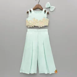 Sale Embroidered Green Top And Pleated Palazzo With Matching Bow Hair Clip Ethnic Wear | Palazzos & Shararas