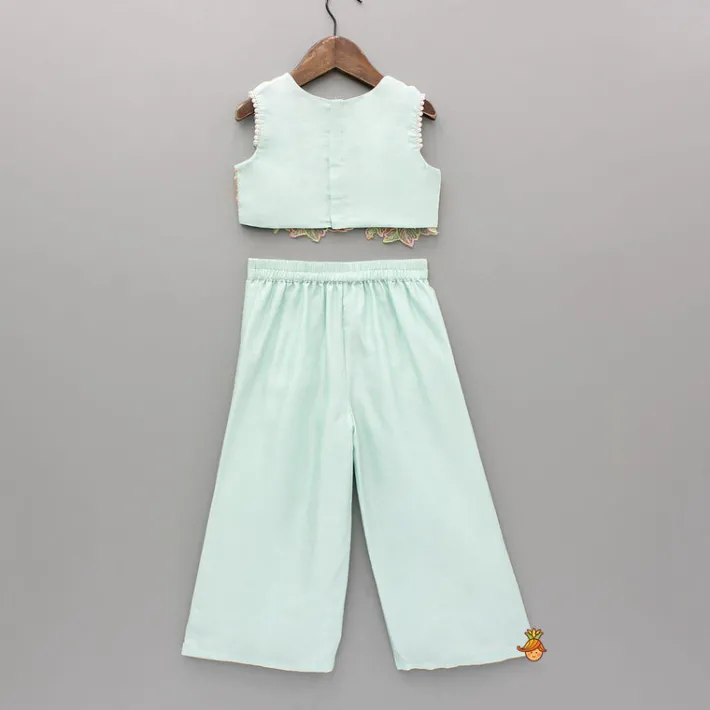 Sale Embroidered Green Top And Pleated Palazzo With Matching Bow Hair Clip Ethnic Wear | Palazzos & Shararas