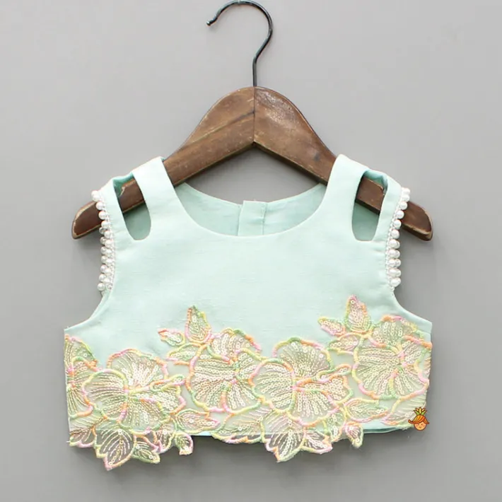 Sale Embroidered Green Top And Pleated Palazzo With Matching Bow Hair Clip Ethnic Wear | Palazzos & Shararas