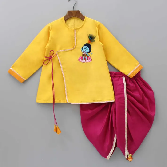 Best Embroidered Krishna Angarkha Style Kurta With Lace Work Dhoti And Mukut BOY Indian Ethnic Wear | Ethnic Sets