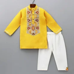 Hot Embroidered Mustard Kurta And Off White Pyjama BOY Indian Ethnic Wear | Ethnic Sets