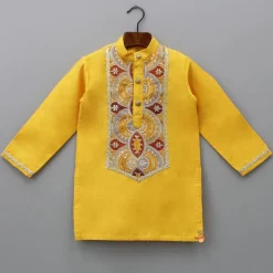 Online Embroidered Mustard Kurta And Off White Pyjama BOY Twinning Sets | Indian Ethnic Wear