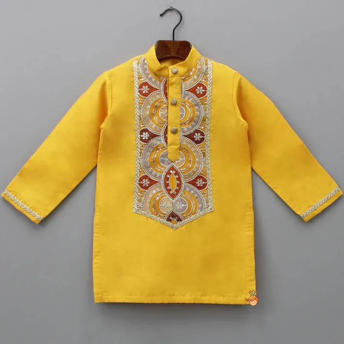 Hot Embroidered Mustard Kurta And Off White Pyjama BOY Indian Ethnic Wear | Ethnic Sets