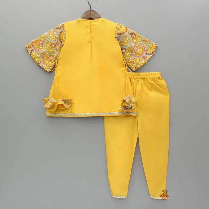 Online Embroidered Mustard Kurti And Tulip Dhoti With Net Dupatta Twinning Sets | Ethnic Wear