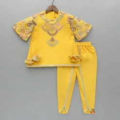 Online Embroidered Mustard Kurti And Tulip Dhoti With Net Dupatta Twinning Sets | Ethnic Wear