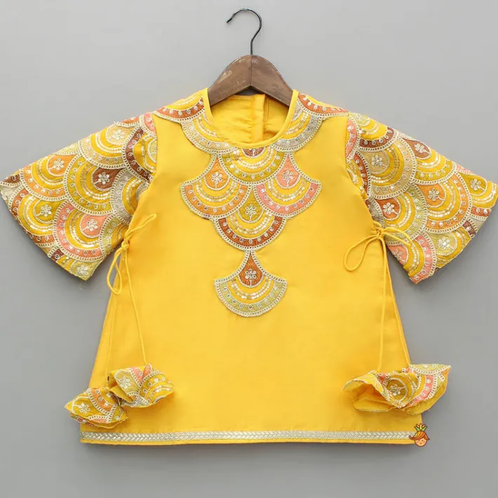 Online Embroidered Mustard Kurti And Tulip Dhoti With Net Dupatta Twinning Sets | Ethnic Wear