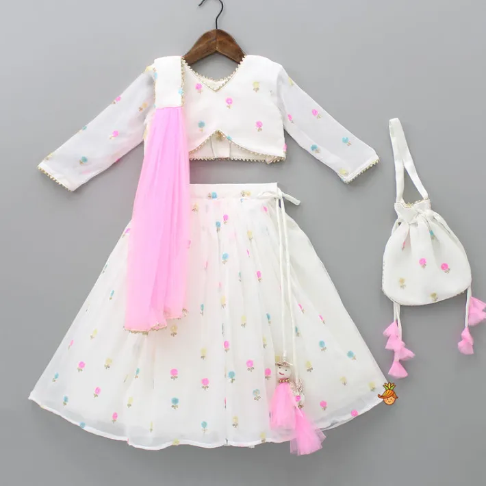 Hot Embroidered Off-White Top And Lehenga With Contrasting Pink Net Dupatta And Potli Bag Lehengas & Ghagras | Ethnic Wear