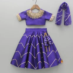 Sale Embroidered Purple V Cut Back Top And Gota Lace Detail Lehenga With Matching Checks Dupatta Ethnic Wear | Lehengas & Ghagras