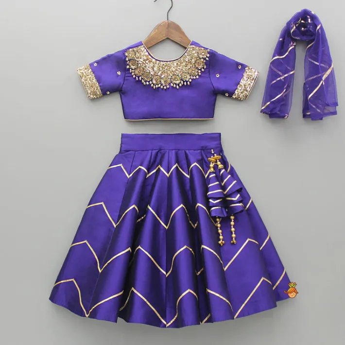 Sale Embroidered Purple V Cut Back Top And Gota Lace Detail Lehenga With Matching Checks Dupatta Ethnic Wear | Lehengas & Ghagras
