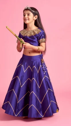 Sale Embroidered Purple V Cut Back Top And Gota Lace Detail Lehenga With Matching Checks Dupatta Ethnic Wear | Lehengas & Ghagras