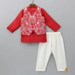 Fashion Embroidered Red Jacket With Kurta And Pyjama BOY Twinning Sets | Indian Ethnic Wear