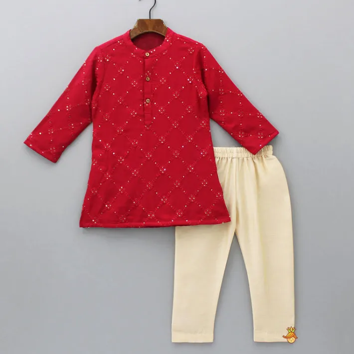 Sale Embroidered Red Kurta And Beige Pyjama BOY Indian Ethnic Wear | Ethnic Sets