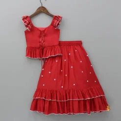 Clearance Embroidered Red Top And Pleated Frilly Hem Lehenga Twinning Sets | Ethnic Wear