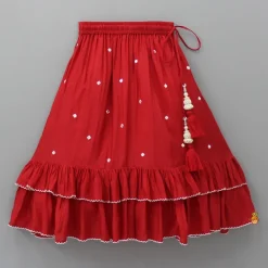 Clearance Embroidered Red Top And Pleated Frilly Hem Lehenga Twinning Sets | Ethnic Wear
