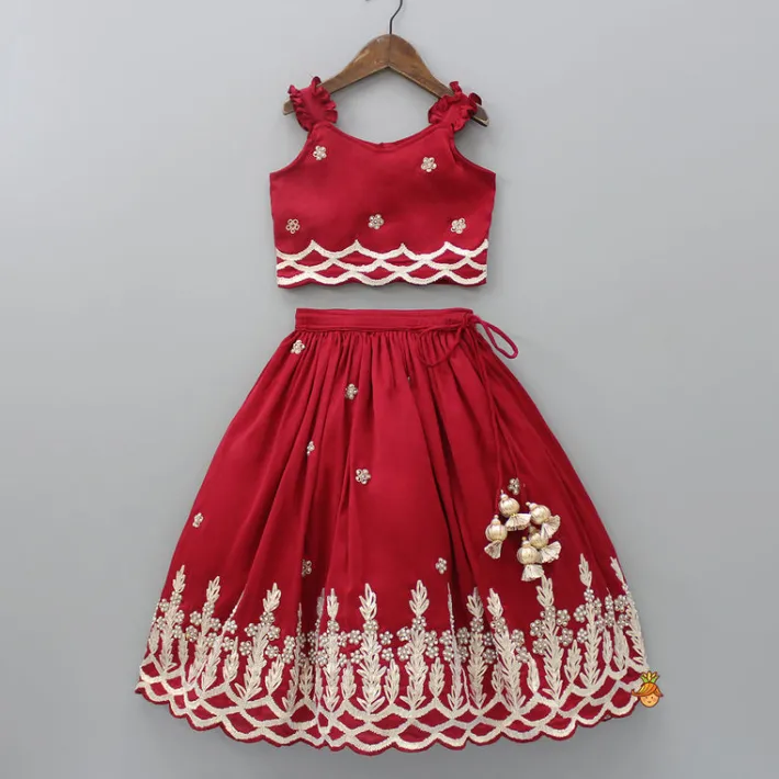 Outlet Embroidered Strappy Red Top And Pleated Lehenga Ethnic Wear | Lehengas & Ghagras