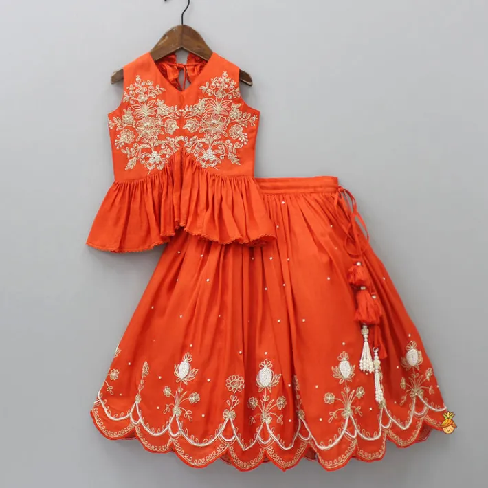 Outlet Embroidered Stylish Orange Top And Pleated Lehenga Twinning Sets | Ethnic Wear