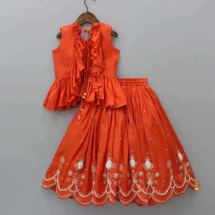 Outlet Embroidered Stylish Orange Top And Pleated Lehenga Twinning Sets | Ethnic Wear