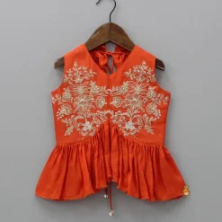 Outlet Embroidered Stylish Orange Top And Pleated Lehenga Twinning Sets | Ethnic Wear