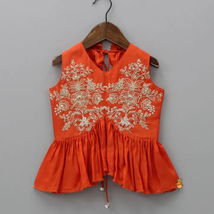 Outlet Embroidered Stylish Orange Top And Pleated Lehenga Twinning Sets | Ethnic Wear
