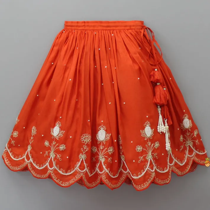 Outlet Embroidered Stylish Orange Top And Pleated Lehenga Twinning Sets | Ethnic Wear