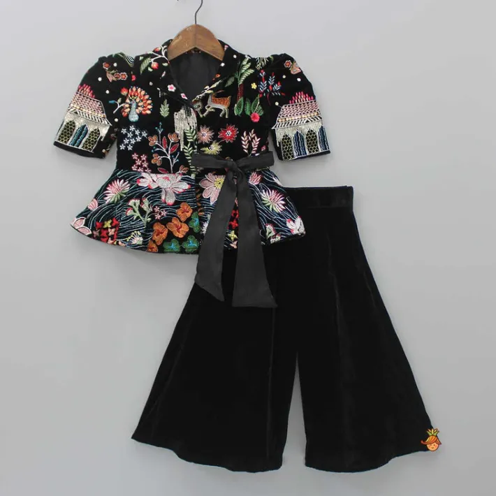 Online Embroidered Velvet Black Top And Flared Palazzo Ethnic Wear | Palazzos & Shararas