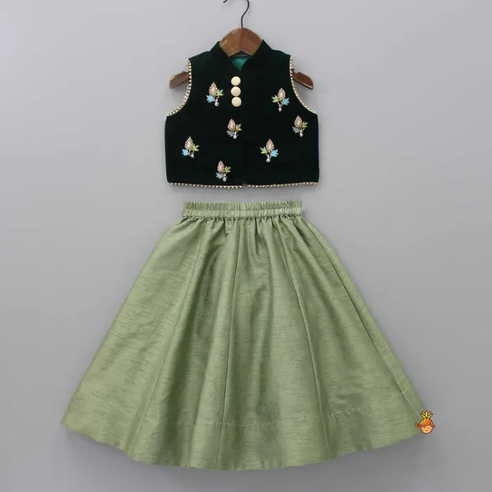 New Embroidered Velvet Green Top And Lehenga Ethnic Wear | Lehengas & Ghagras