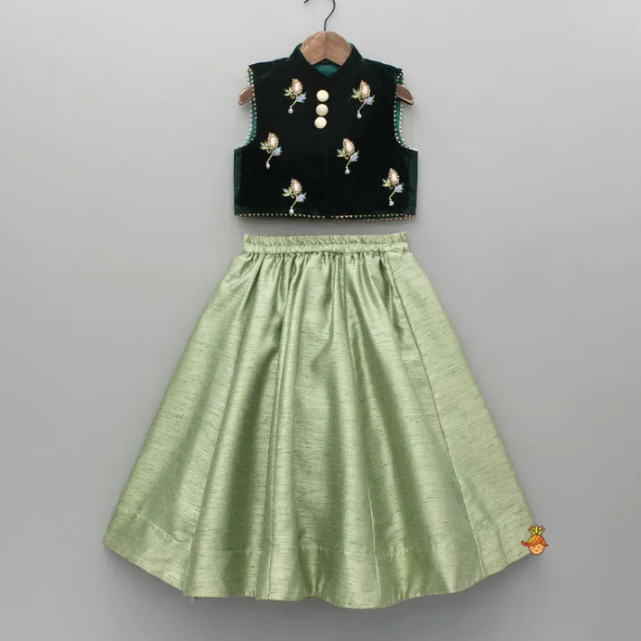 Fashion Embroidered Velvet Green Top And Lehenga Ethnic Wear | Lehengas & Ghagras