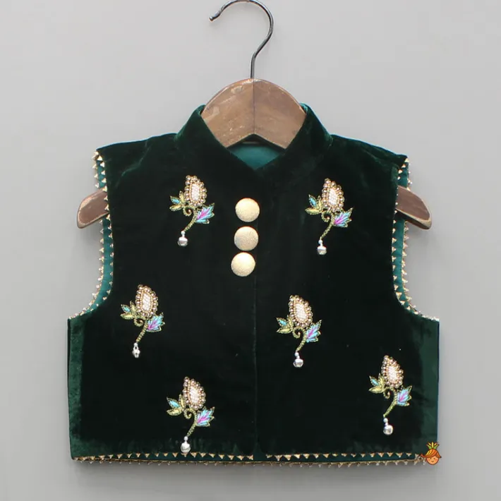 Fashion Embroidered Velvet Green Top And Lehenga Ethnic Wear | Lehengas & Ghagras
