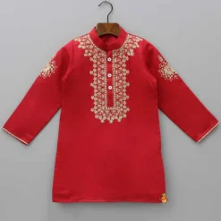 Outlet Embroidered Yoke Red Ethnic Kurta And Pyjama BOY Indian Ethnic Wear | Ethnic Sets