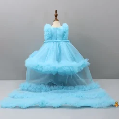Online Embroidered Yoke Ruffle Hem Blue Dress With Detachable Trail And Matching Head Band Dresses & Sets | Dresses