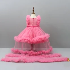 Sale Embroidered Yoke Ruffle Hem Pink Dress With Detachable Trail And Matching Hair Clip Dresses & Sets | Dresses