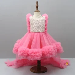 Sale Embroidered Yoke Ruffle Hem Pink Dress With Detachable Trail And Matching Hair Clip Dresses & Sets | Dresses