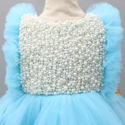 Online Embroidered Yoke Ruffle Hem Blue Dress With Detachable Trail And Matching Head Band Dresses & Sets | Dresses