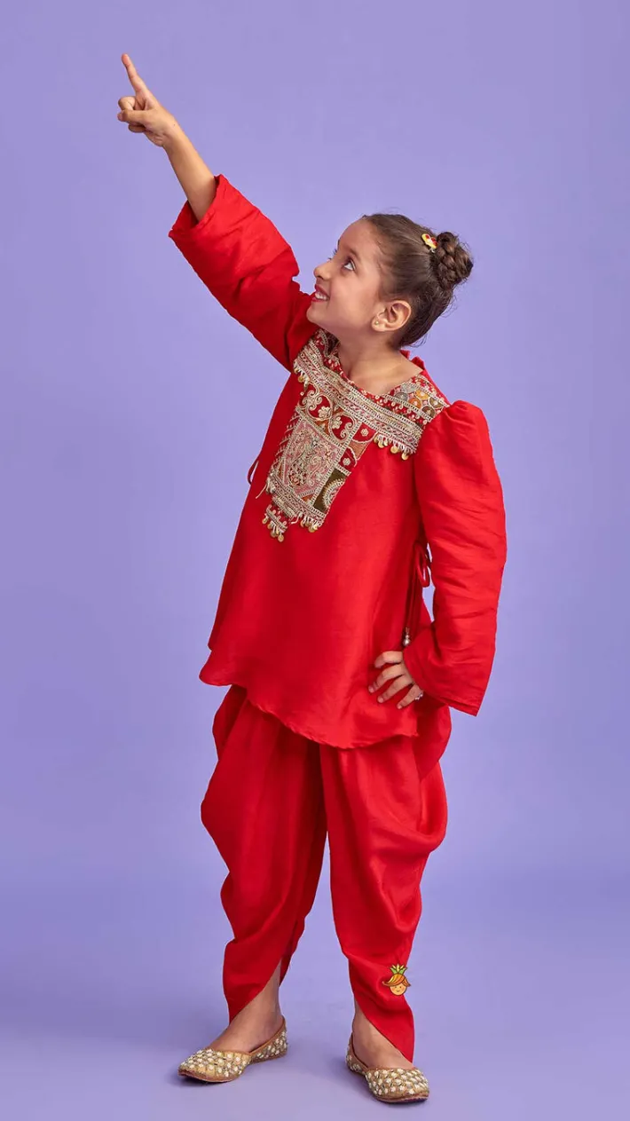 Best Embroidered Yoke Tassels Enhanced Red Kurti And Dhoti Ethnic Wear | Dhotis & Patialas