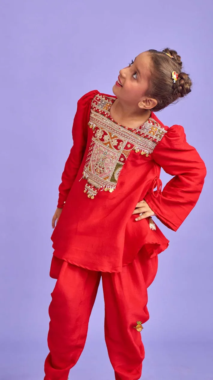 Best Embroidered Yoke Tassels Enhanced Red Kurti And Dhoti Ethnic Wear | Dhotis & Patialas